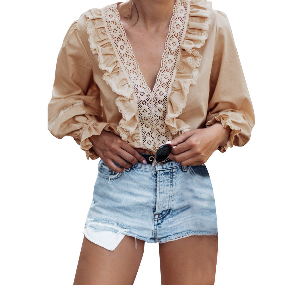 V-Neck Sexy Long-Sleeved Low-Cut Top