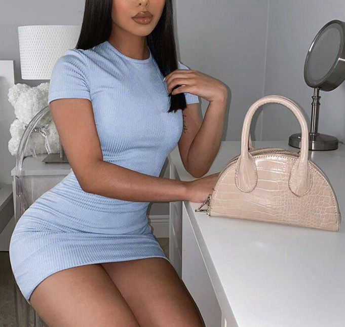 Temperament Short Sleeve Pit Strip Solid Color Slim Dress