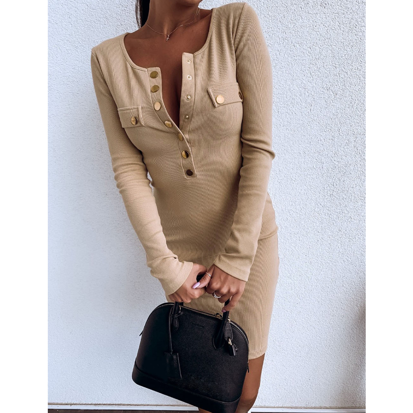 Solid Color Sexy Round Neck Slim Long Sleeve Dress