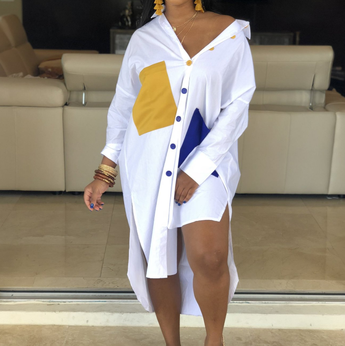 Irregular V-Neck Women Long Sleeve Pocket Dresses