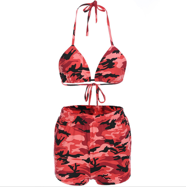 Sexy Camouflage Backless Spaghetti Strap Shorts Set