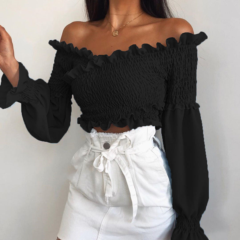 Fashion Single Shoulder Puff Sleeve Solid Color Long Sleeve T-Shirt
