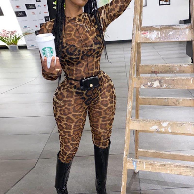 Round Neck Long Sleeve Leopard Print Jumpsuit