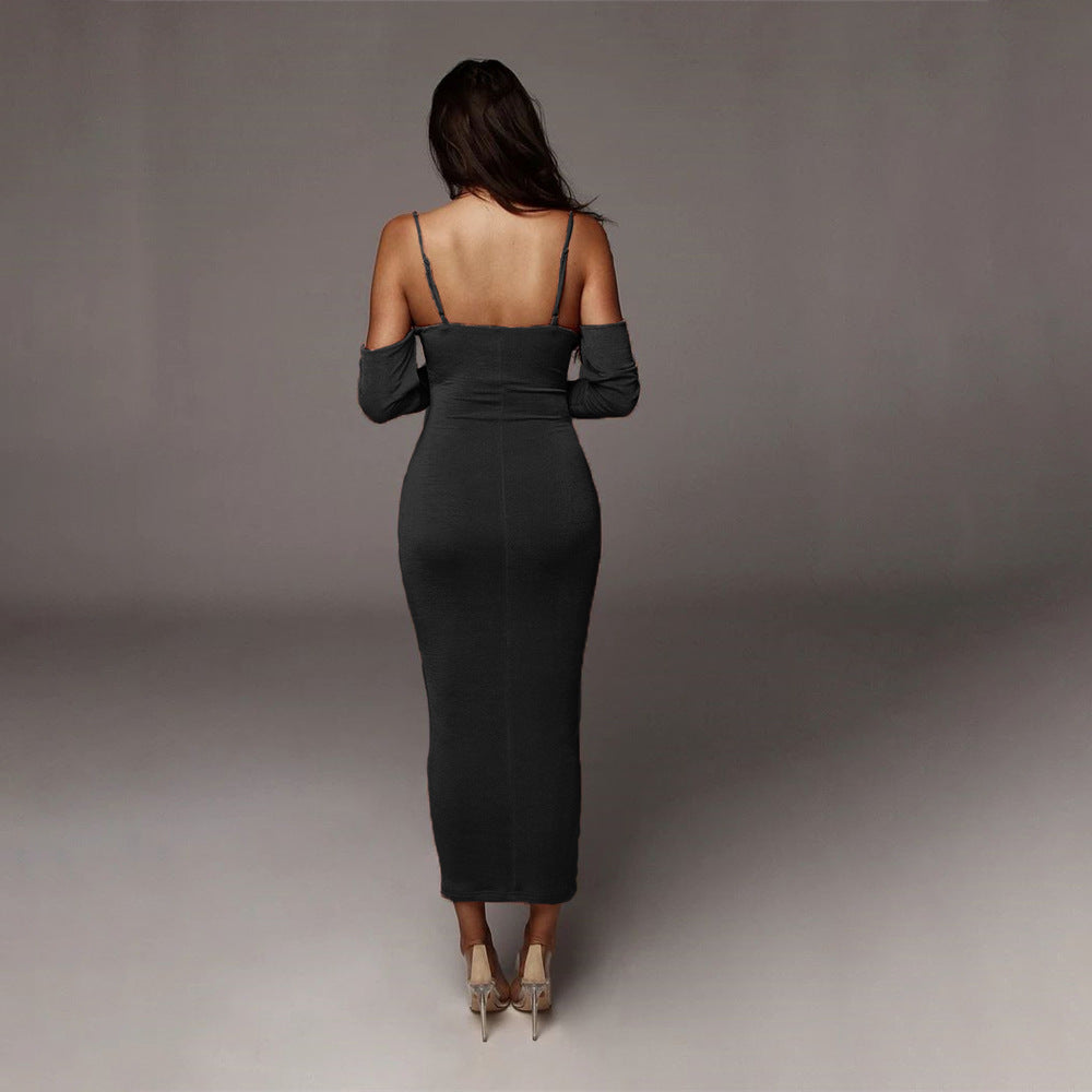 Chain Sling Off Shoulder Slim Sexy Long Sleeve Dress