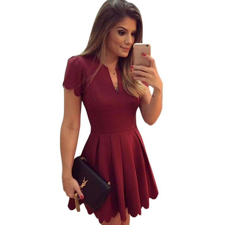 V-NECK SHORT SLEEVE PLEATED DRESS