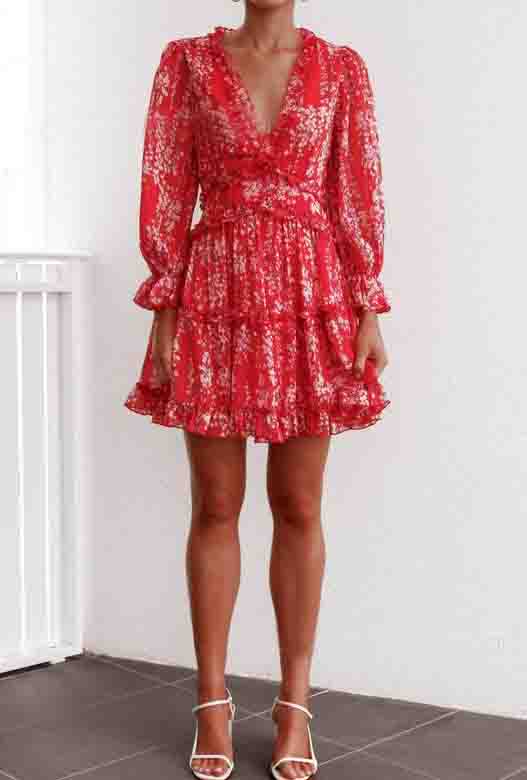 Women's Long Sleeve Print Chiffon Dress