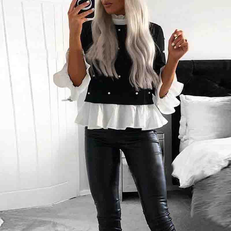 Casual Long-Sleeved Flouncing Round Neck Shirt