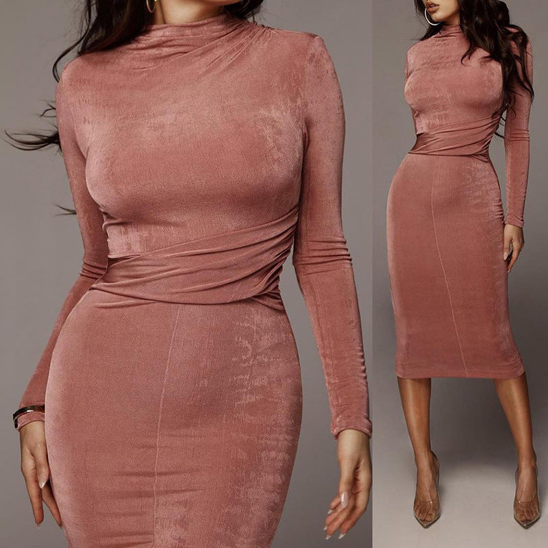 Solid Color Round Neck Long Sleeve Sexy Slim Dress