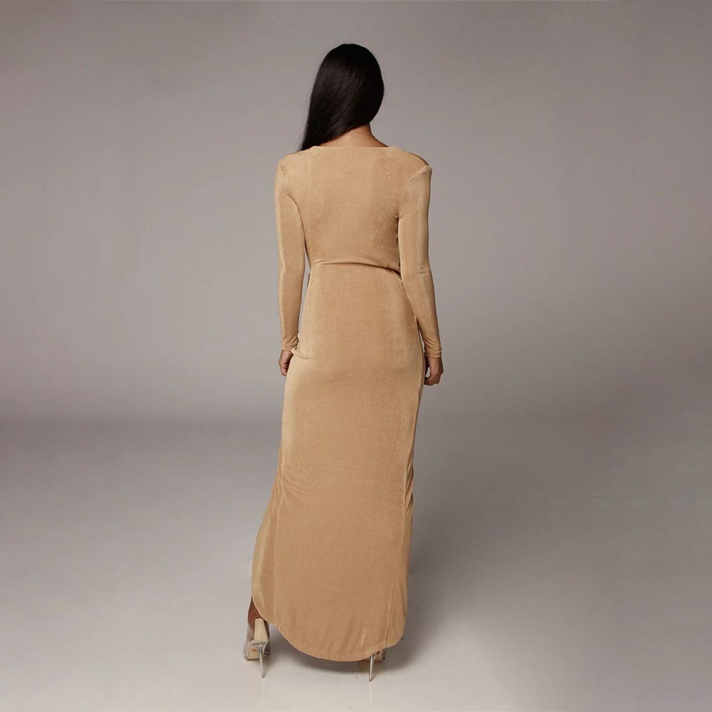 V-Neck Split Fishtail Sexy Bag Hip Long Sleeve Dress