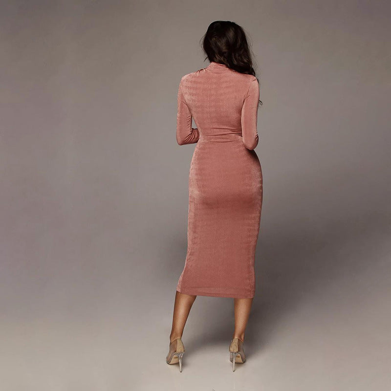 Solid Color Round Neck Long Sleeve Sexy Slim Dress