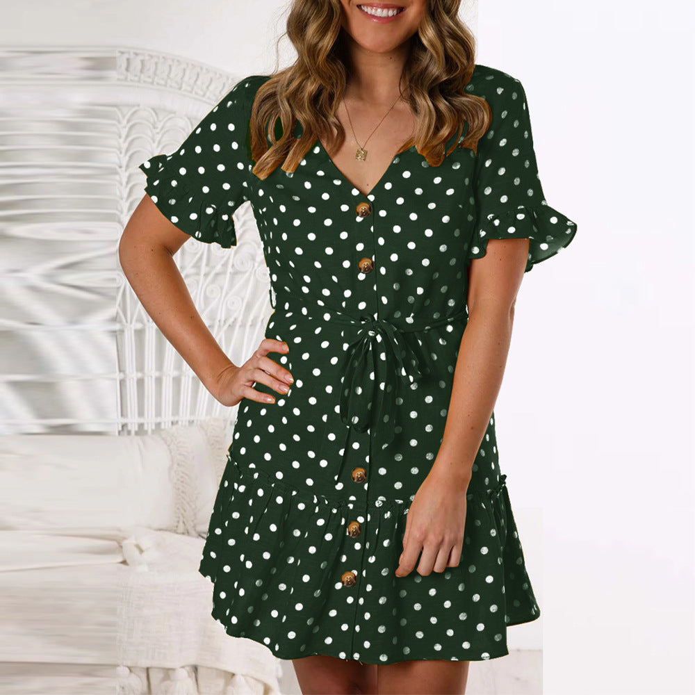 Fashion V-Neck Single-Breasted Short Sleeve Dress