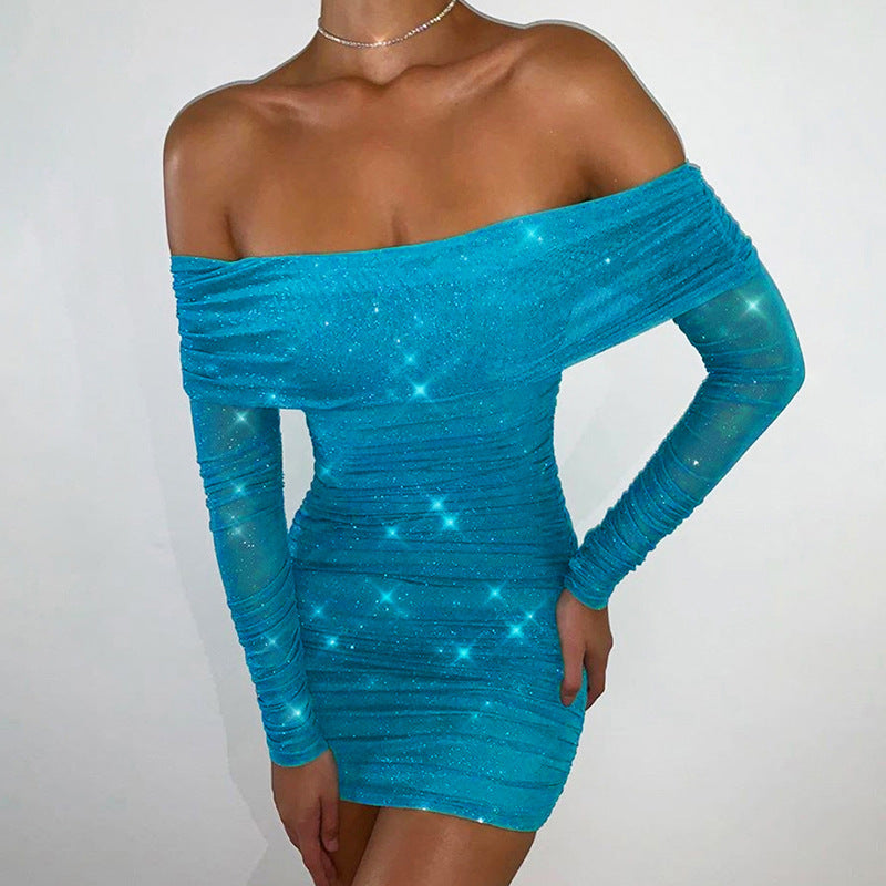 Word Shoulder Temperament Slim Long-Sleeved Dress