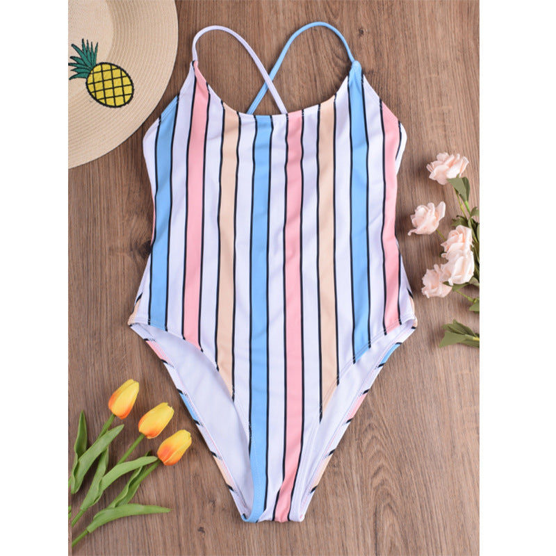 One-Piece Color Stripe Sexy Swimsuit