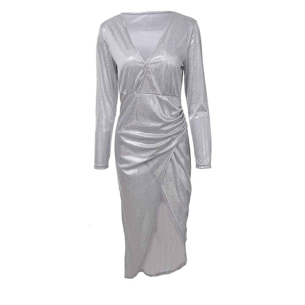 Deep V-Neck Long Sleeve Sexy Package Hip Dress