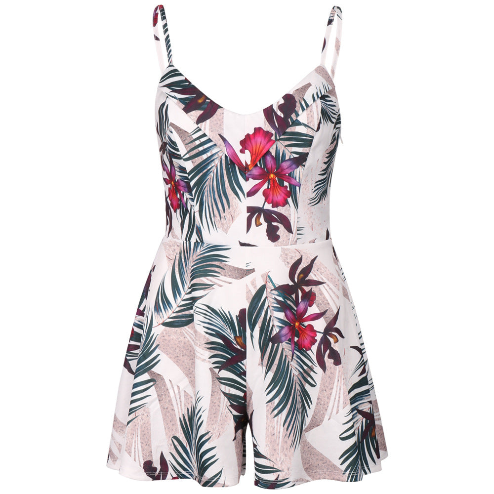 V-Neck Sexy Women Sling Open Back Printed Jumpsuit