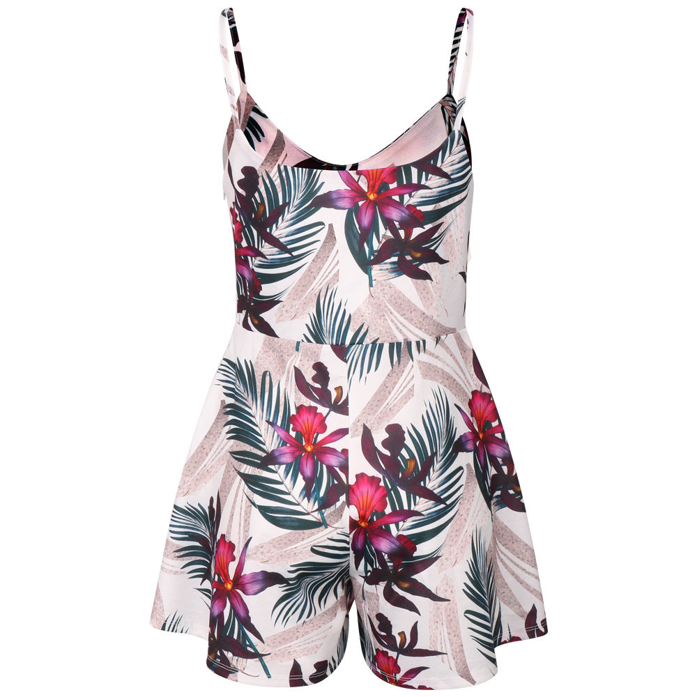 V-Neck Sexy Women Sling Open Back Printed Jumpsuit