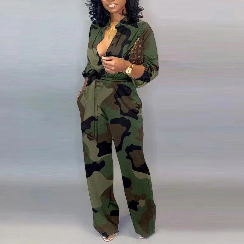 Fashion Casual Camouflage Graffiti High Waist Jumpsuit
