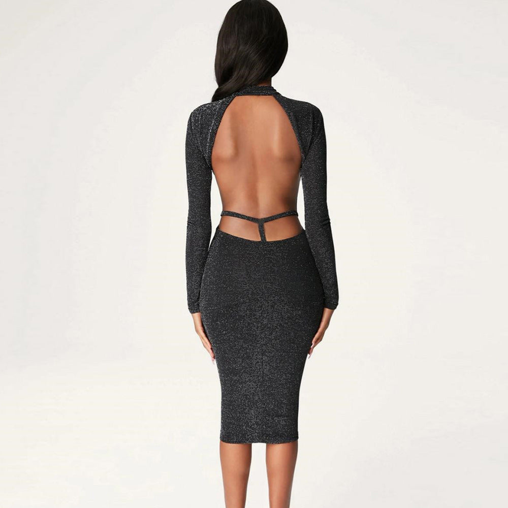 Slim Long-Sleeved Backless High-Necked Hip Dress
