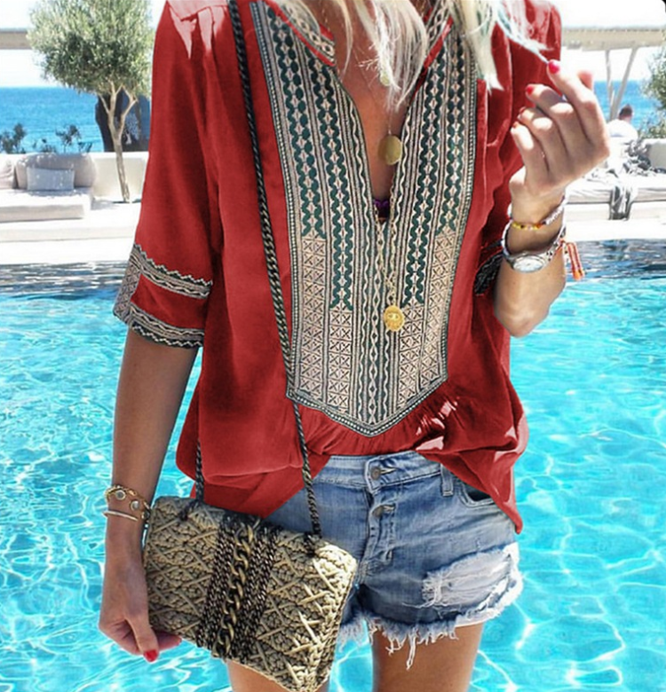 Casual Large Size Striped V-Neck T-Shirt