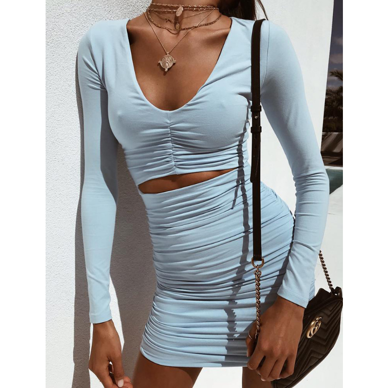 Women's V-neck Solid Color Long Sleeve Dress