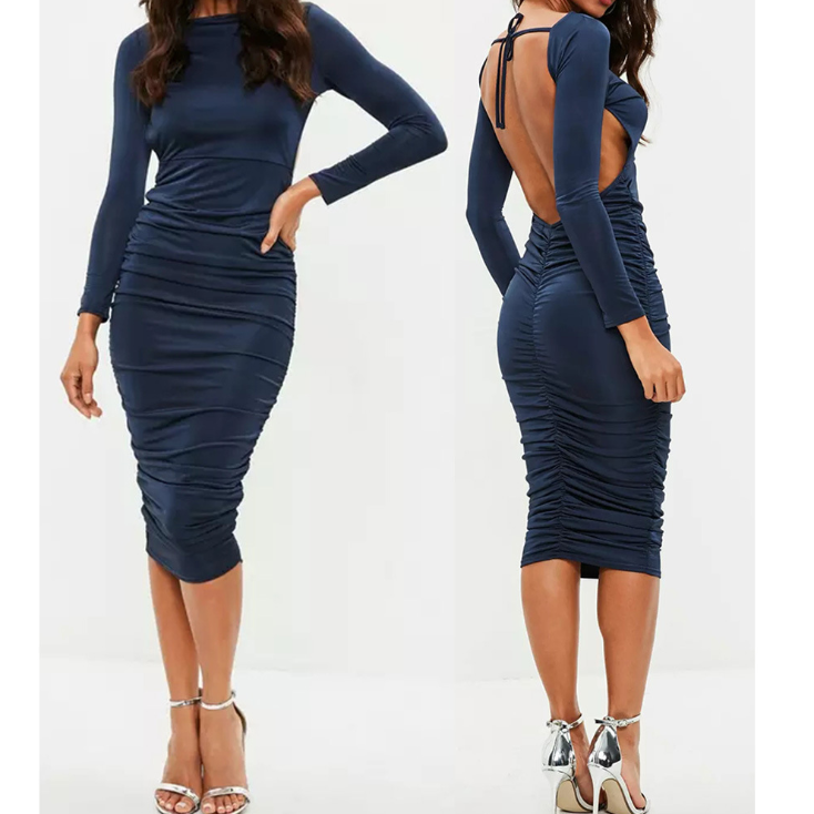Round Neck Sexy Backless Long Sleeve Stretch Dress