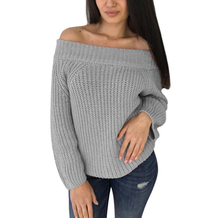 Solid Color Knit Long Sleeve Off-The-Shoulder Sweater