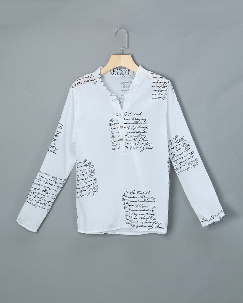 Fashion Printed Letter V-Neck Button Long Sleeve Shirt Top