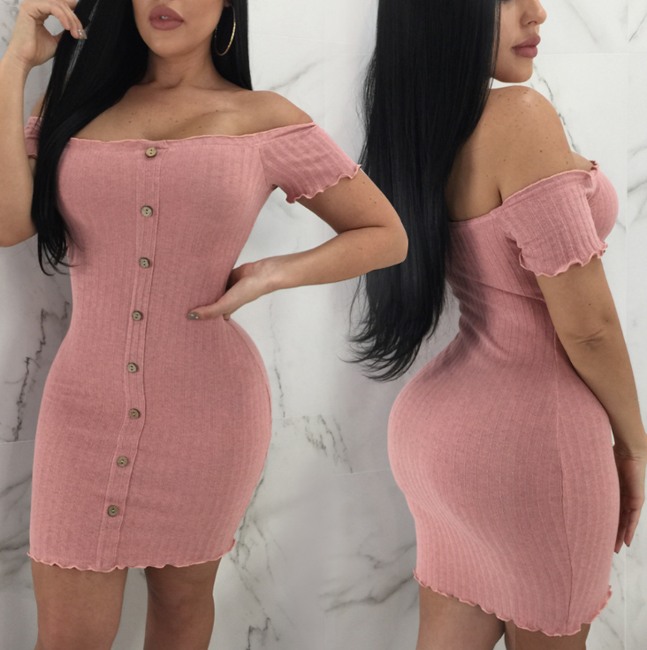 Women'S Solid Color Short-Sleeved High Waist Dress