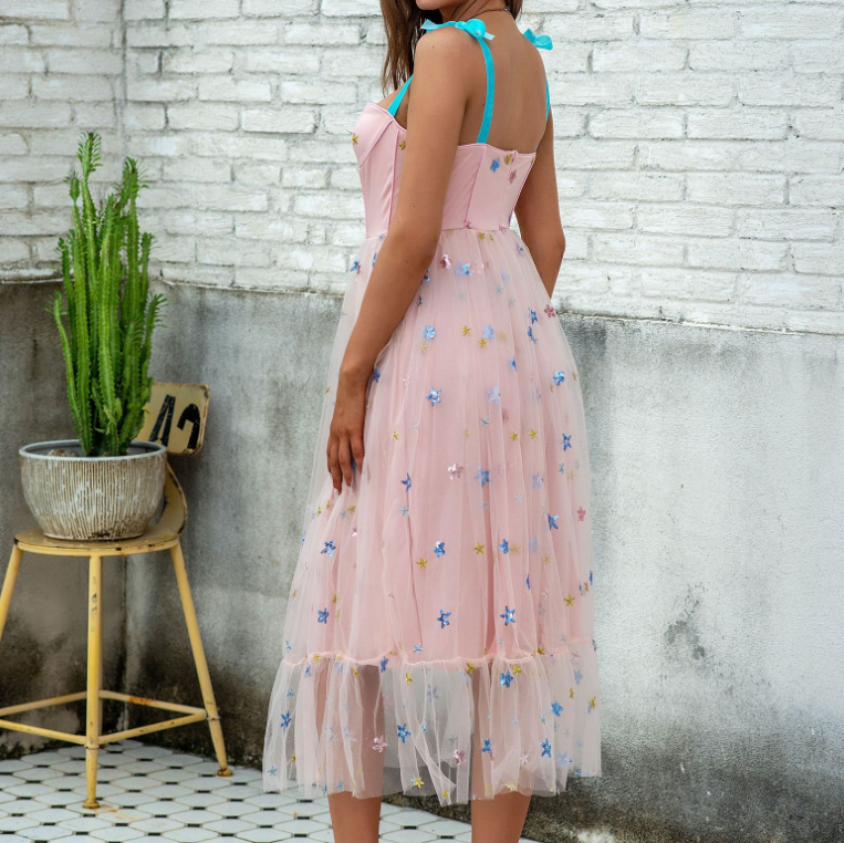 Sequin Embroidery Sling Star Mesh Dress