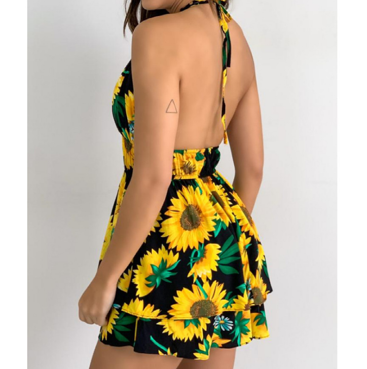 V-Neck Printed Women'S Ruffled Strap Dress