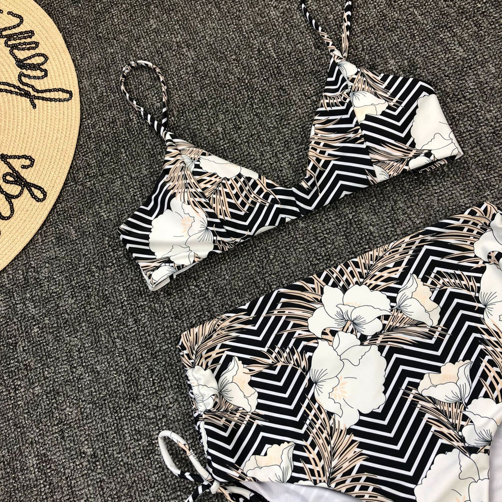 Striped Printed High Waist Split Swimsuit Bikini