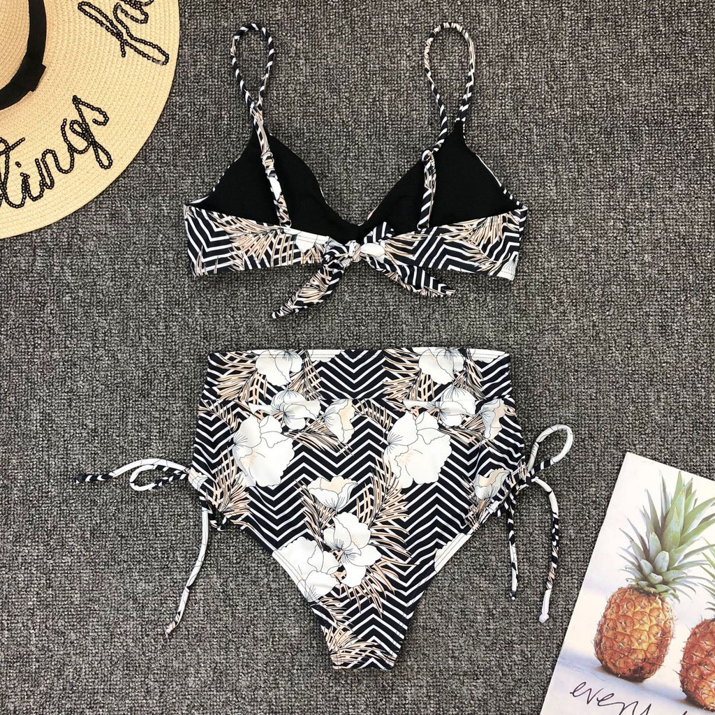 Striped Printed High Waist Split Swimsuit Bikini