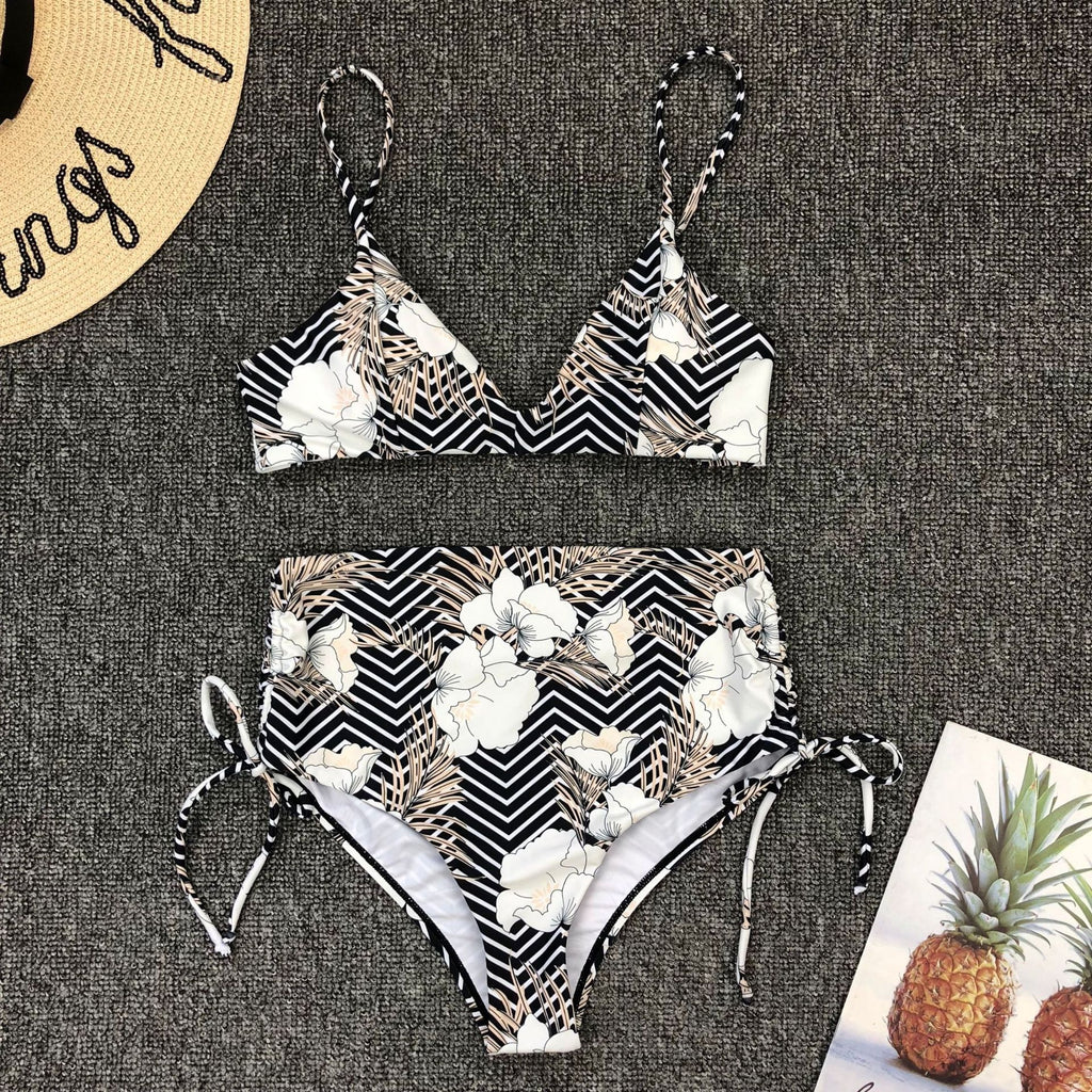 Striped Printed High Waist Split Swimsuit Bikini