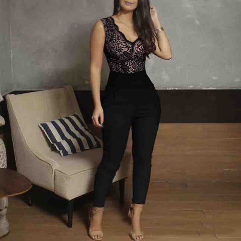 Casual Black V-Neck Stitching Long Sleeve Jumpsuit