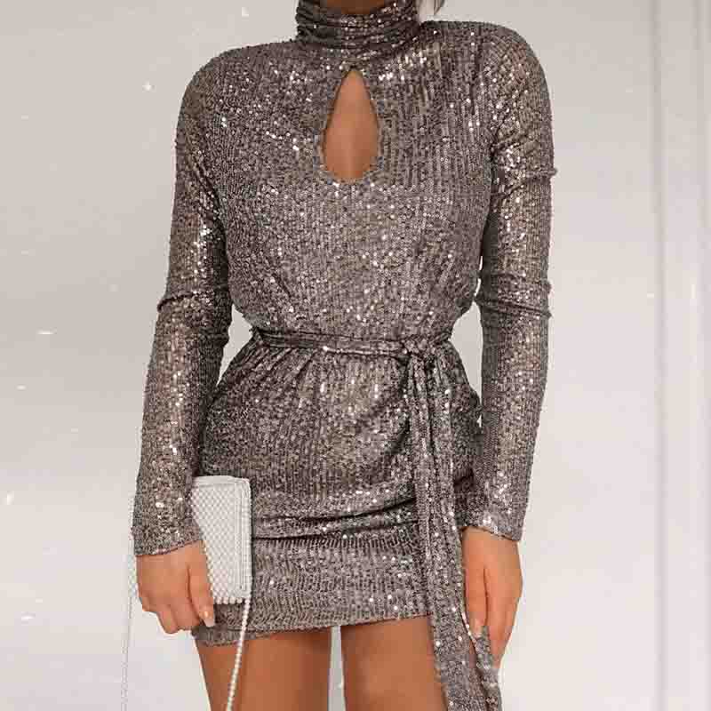Fashion Sexy Long Sleeve Silver Dress