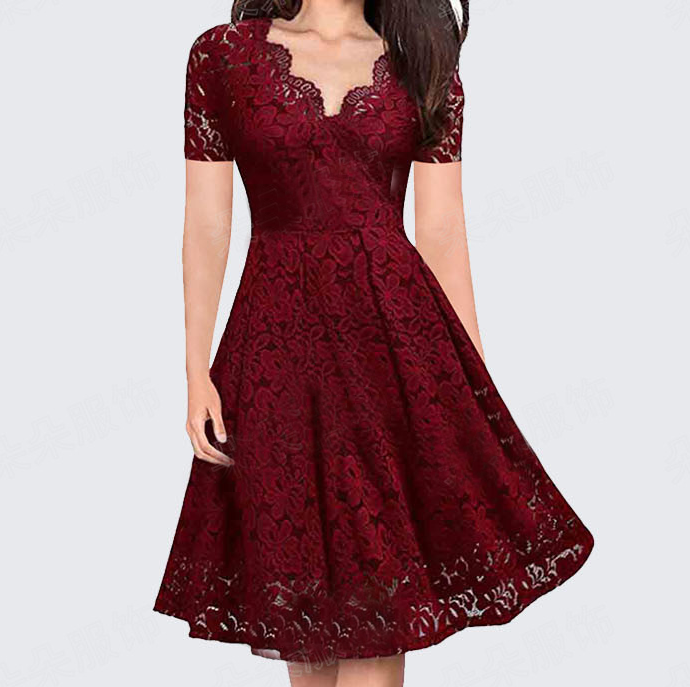Temperament Fashion V-neck Short Sleeve Lace Dress