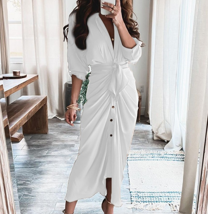 Ladies Long Sleeve V-neck Button Printed Dress