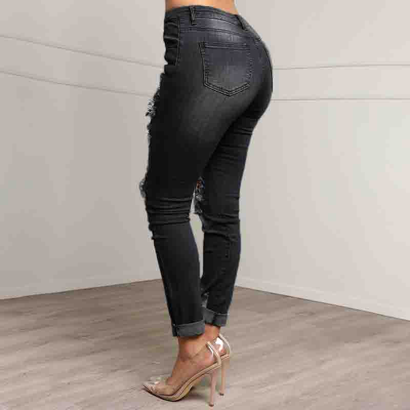 Slim Ripped Denim Splicing Leopard Print Trousers