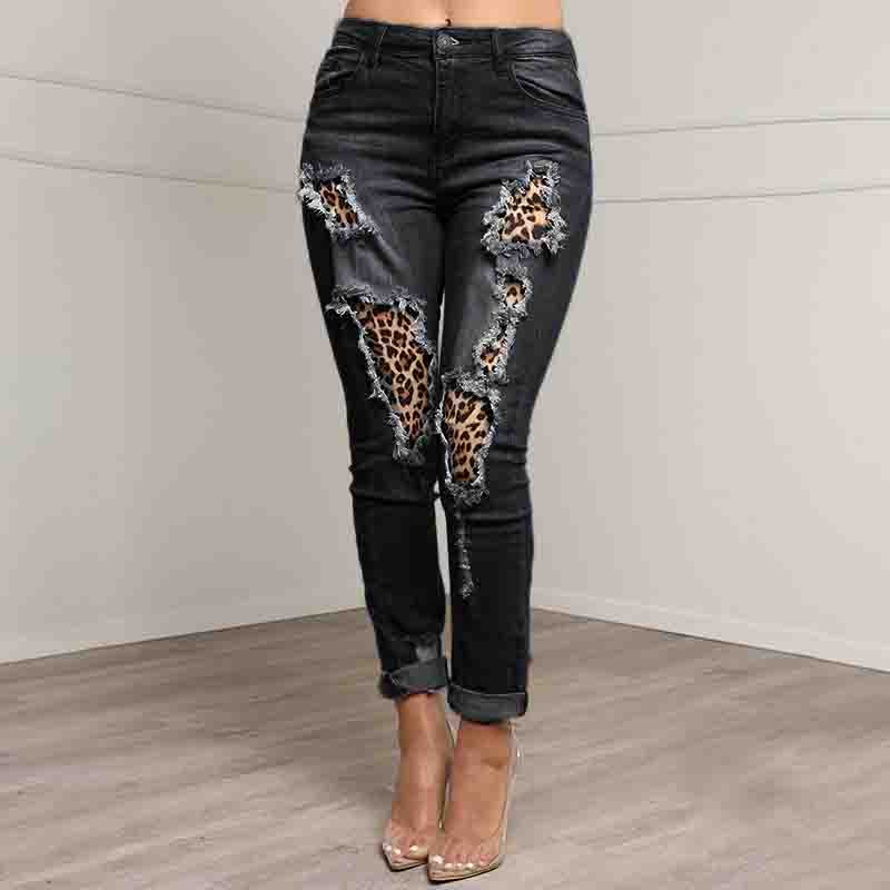 Slim Ripped Denim Splicing Leopard Print Trousers