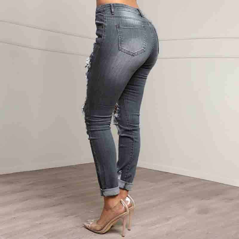 Slim Ripped Denim Splicing Leopard Print Trousers