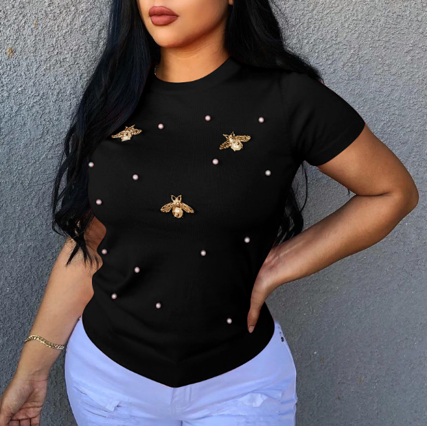 Short Sleeve Stretch Beaded Butterfly Round Neck Plus Size T-Shirt