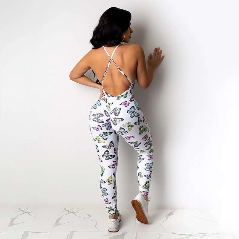 Sexy Butterfly Print Slim Backless Cross Sling Jumpsuit