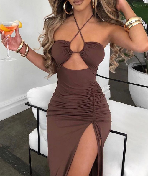 Fashion Sexy Halter Neck Sleeveless Slit Dress