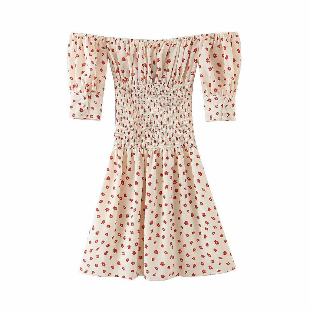 Women'S Retro Printing One Word Collar Short Sleeve Dress