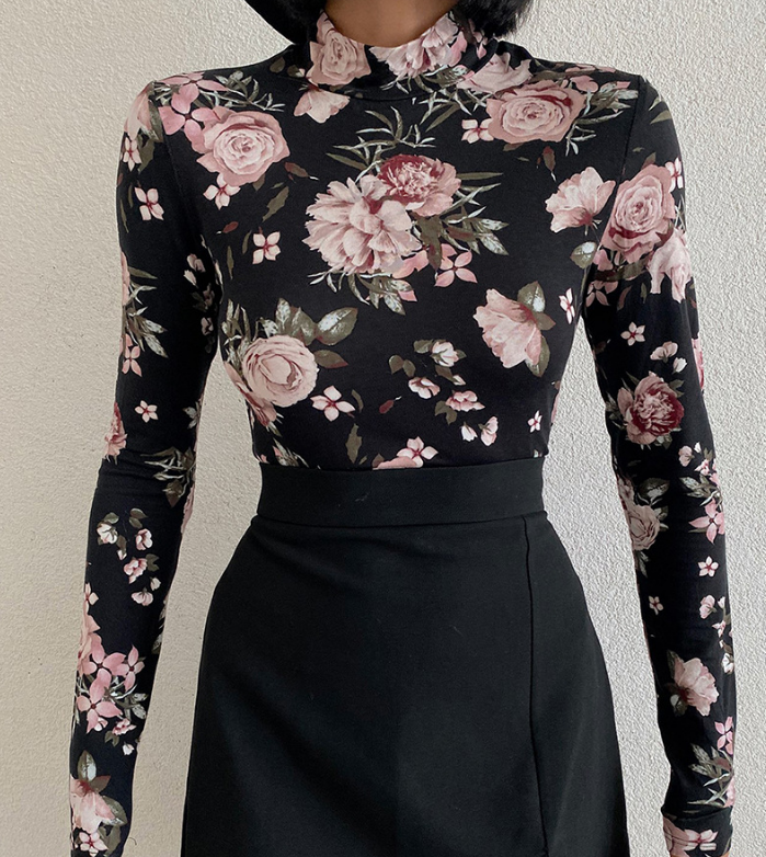 Floral Long-Sleeve High-Neck Skinny Two-piece Set