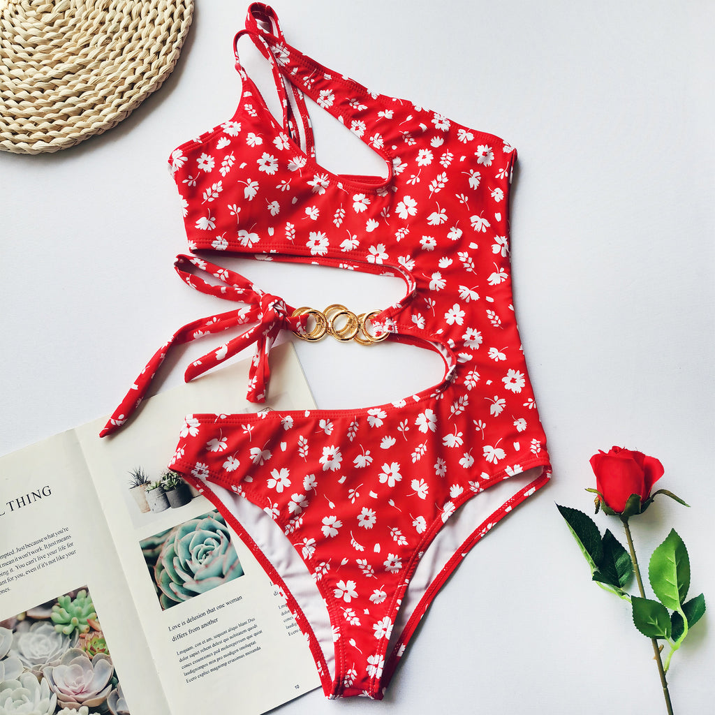 Bowknot Floral One-Piece Irregular Splicing Bikini Swimsuit