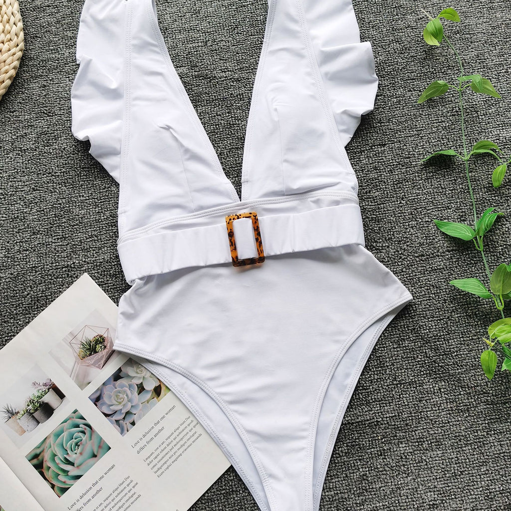 One-Piece Flounced White Swimsuit Bikini