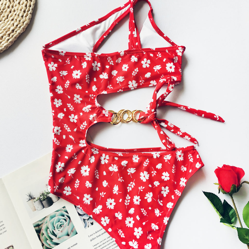 Bowknot Floral One-Piece Irregular Splicing Bikini Swimsuit