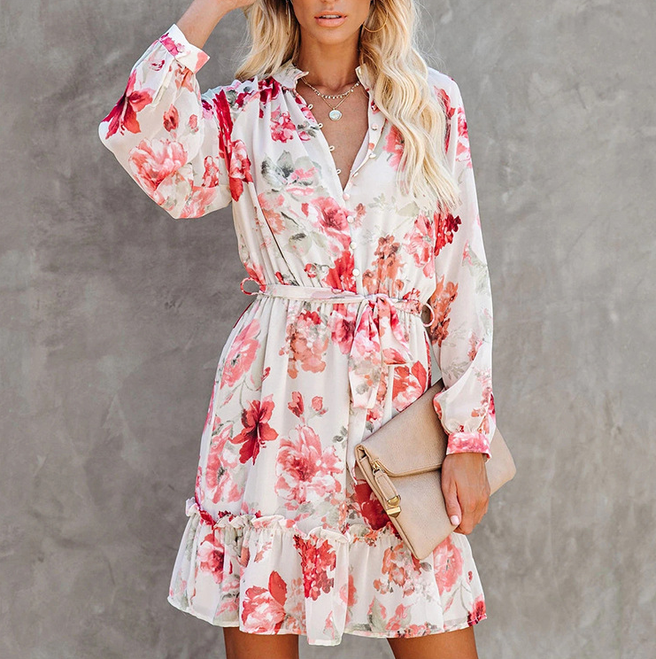 Women Printed Button Long Sleeve Chiffon Dress