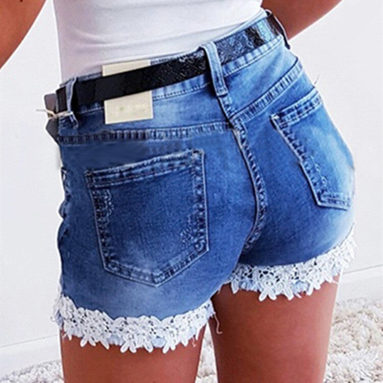 Slim Stretch Lace Stitching Denim Shorts